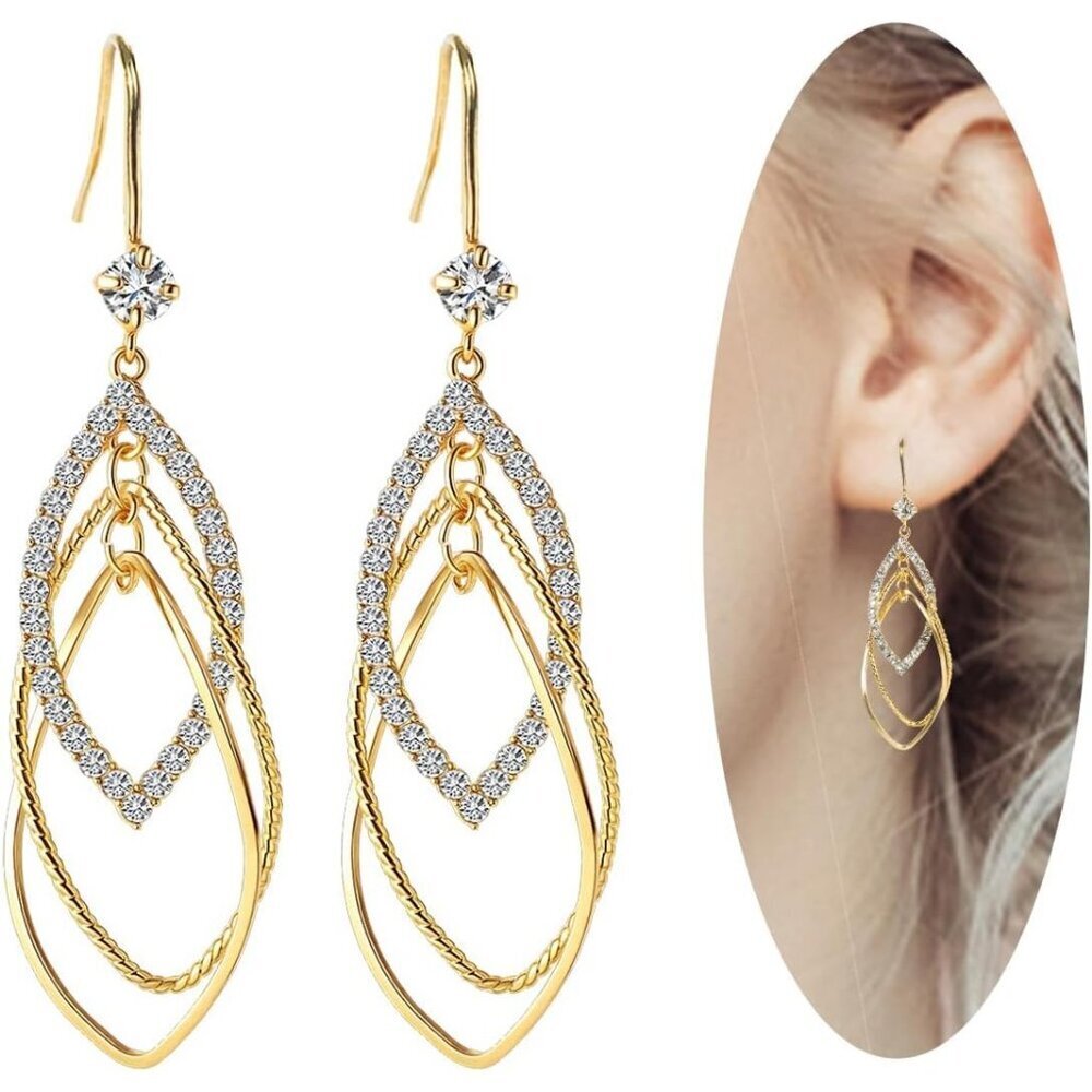 Women's14k Sterling Silver Teardrop Dangle Earrings Gold Plated Double Linear